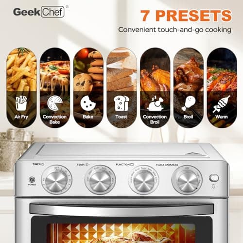 Geek Chef Air Fryer Toaster Oven 26 QT, Large AirFryer Convection Countertop Oven Combo with Easy Bake, Roast, Broil, Warm, 6 Slice Toast 7-in-1 Functions, 3 Layers with 4 Accessories,Stainless Steel 6