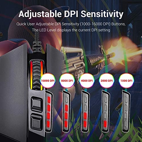 Redragon M801 Gaming Mouse, RGB PC Gaming Mouse MMO with 9 Programmable Buttons Macro Recording, 16000 DPI, Fire Button for Gaming Windows Computer - Wired, Black 6