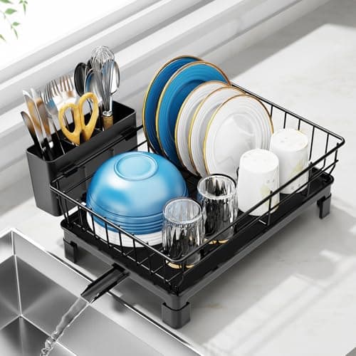 GSlife Small Dish Drying Rack for Kitchen Counter with Drainboard - Compact Dish Drainer for RV, Camper and Apartment, Rust-Resistant Wire Rack with Utensil Holder, 15"L x 10"W, Black 7