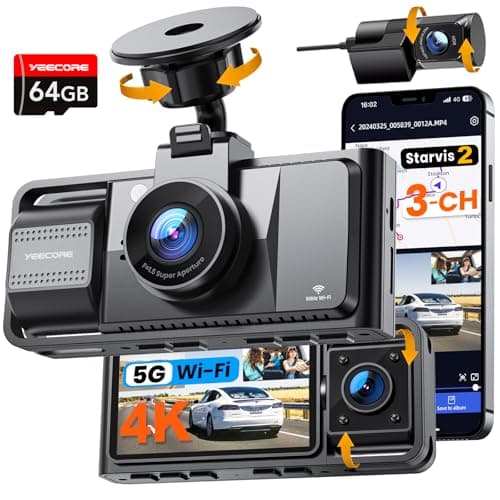 Real 4K 3 Channel Dash Cam Front and Rear Inside, STARVIS 2 HDR Sensor, 5.8GHz Wi-Fi GPS G-Sensor, 4K+1080P+1080P Dashcam, Free 64GB Card Include, IR Night Vision, 3.3'' Big IPS, 24Hr Parking Monitor