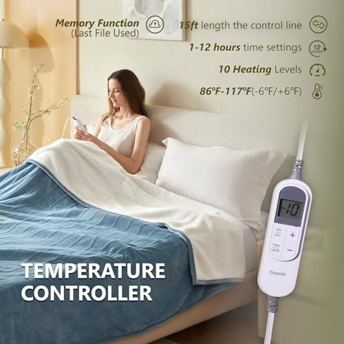 Cozorbt Heat Blanket 50”x60” Throw,Soft Flannel & Sherpa Reversible Electric Blanket with 10 Heat Settings,12 Timer Setting and 3 Hours Auto-Shut Off,ETL Certified Machine Washable,Light Blue 5