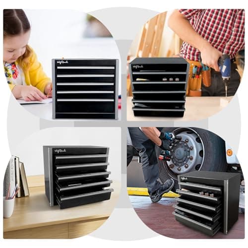 MayRecords Black Mini Metal Tool Box with 5 Drawers and Top Storage, Portable Tools Storage and Organizers, Home DIY (black, 5 drawer) 6