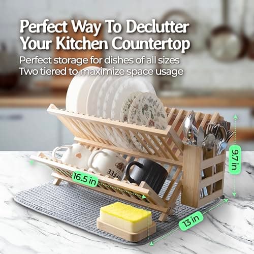 gohyl Kitchen Dish Drying Rack for Counter - Bamboo Wooden Collapsible Dishes 2 Tier Small Strainer Dishrack 7