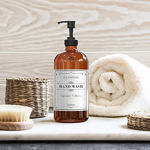 Sunrise Premium, 16 OZ Thick Amber Glass Soap Dispenser with Pump 2 Pack, Hand and Dish Soap Dispenser Set for Bathroom with 6 Waterproof Labels 6