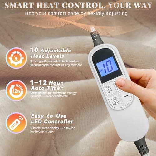Richtry Electric Blanket Wearable with Foot Pockets & Sleeves, Electric Heated Snuggle Blanket, Flannel & Sherpa Heating Throw with 10 Heat Settings, 1-12 Hours Auto Shut-Off, 50"×70", Beige 4