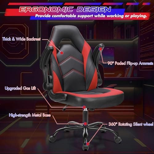 Sweetcrispy Computer Gaming Chair - PU Leather Ergonomic Lumbar Support with Flip-up Armrest and 360° Swivel Wheels, Height Adjustable Task Home Office Desk Video Racing, Red 8
