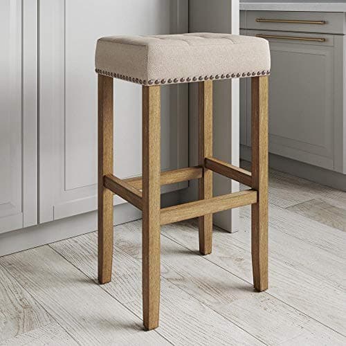 Nathan James Hylie Nailhead Wood Pub-Height Kitchen Counter Bar Stool 29", Natural Flax/Light Brown