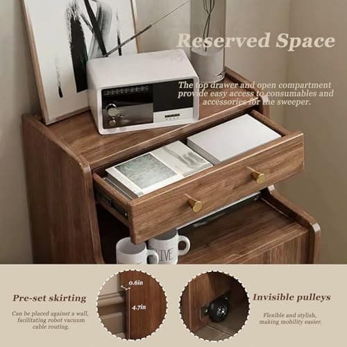 OQTUHWM Robot Vacuum Cabinet, End Side Table with Adjustable Shelf, Mobile Vacuum Hidden Cabinet with Wheels, Wood Organizer Stand for Living Room, Home Office Walnut 19.7 * 17.7 * 35.4in 5