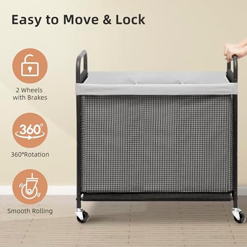 STORAGE MANIAC Rolling Laundry Hamper with Wheels 3-Section Laundry Sorter Rolling Laundrys Basket on Wheels with Removable Bag Clothes Hamper Laundrys Organizer Cart Bathroom Bedroom 120L Grey 6
