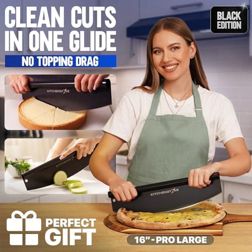 KitchenStar 16-Inch Pizza Cutter Rocker Blade - Sharp Stainless Steel Slicer Knife, Protective Cover, Black, Large - Professional Pizza Oven Accessories 2