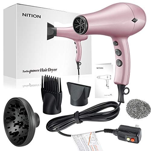 NITION Negative Ions Ceramic Hair Dryer with Diffuser (Large Size 5.3 inch) Attachment,Ionic Blow Dryer Quick Drying,1875 Watt 2 Speed / 3 Heat Settings,Cool Shot Button,Lightweight,Rose Pink 8