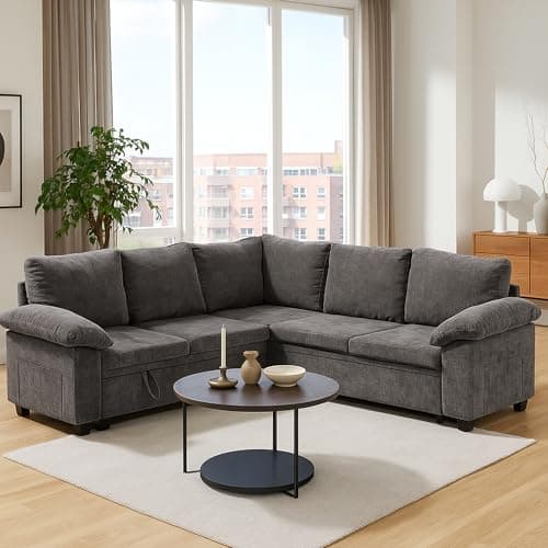 108 Inch Sectional Sleeper L Shaped Sofa with Pull Out Bed, Modular Sectional Sofa with Storage, Modern Chenille Cloud Couch, Sectional Couches for Living Room (Gray, 5 Seater Sleeper Sofa) 6
