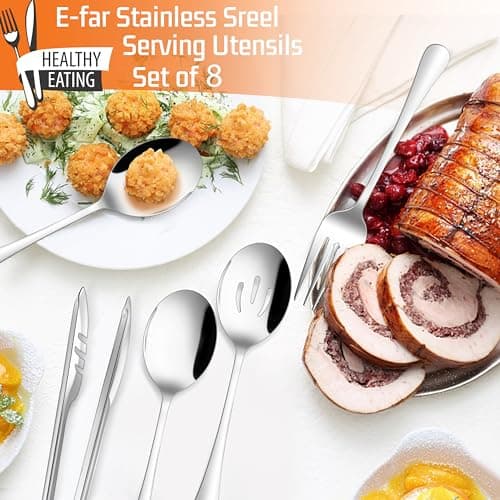 E-far Large Serving Utensils Set of 8, Stainless Steel 9.8 Inch Serving Spoons Slotted Spoon, 9.9 Inch Serving Fork, 9.4 Inch Serving Tong for Buffet Catering Banquet, Mirror Finish & Dishwasher Safe 7