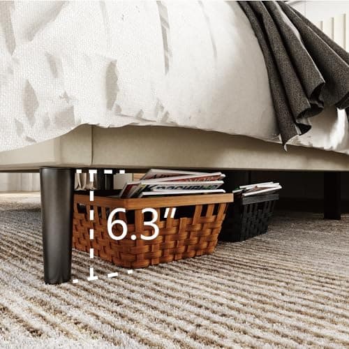 Sismplly Full Size Bed Frame with Velvet Upholstered Headboard, Platform Bed with Strong Wood Slats, Mattress Foundation, Box Spring Optional, Easy Assembly, Beige 6