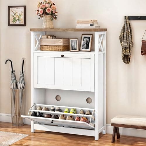 DWVO Shoe Cabinet Entryway, White Shoe Storage Cabinet with 2 Flip Drawers