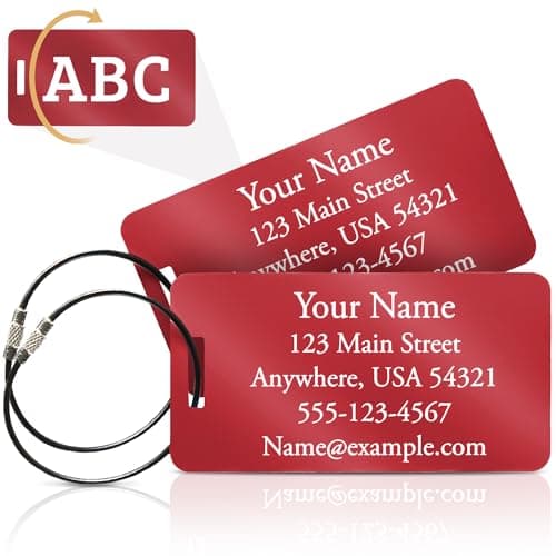 Personalized Aluminum Luggage Tags – Permanent Laser Engraved Metal Suitcase Tags for Travel – Custom Name & Contact ID for Checked Bags & Carry On – Set of 2 (Red)