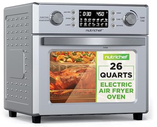 NutriChef 26QT Air Fryer Oven | Countertop Convection Toaster & Air Fryer | 360° Rotisserie Feature | 10 Digital Presets | Includes Drip Tray, Air Frying Basket & Bake Rack 15x16x14 | Stainless Steel