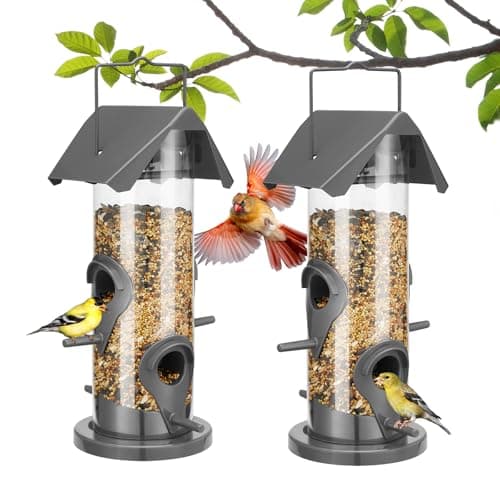 Veehoo 2 Packs 10 inch Tube Bird Feeders for Outdoors Hanging-Wild Bird Feeder Tube with 4 Feeding Ports for Outside Hanging, Plastic Weatherproof Hanger Bird Feeder-Hanging Bird Finch Feeders Grey 7