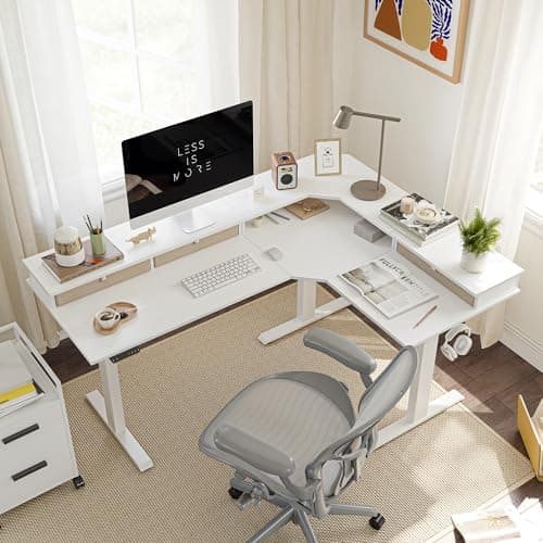FEZIBO 63" Triple Motor L Shaped Standing Desk with 3 Drawers, 330LBS Electric Standing Gaming Office Desk L Shape, Pure White