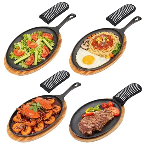 4 Sets Cast Iron Fajita Skillet Set Sizzling Plate with Wooden Base & Anti Scald Protection Hot Handle Cover, Cast Iron Skillets Set for Home Barbecue Kitchen Party Restaurant Catering Service