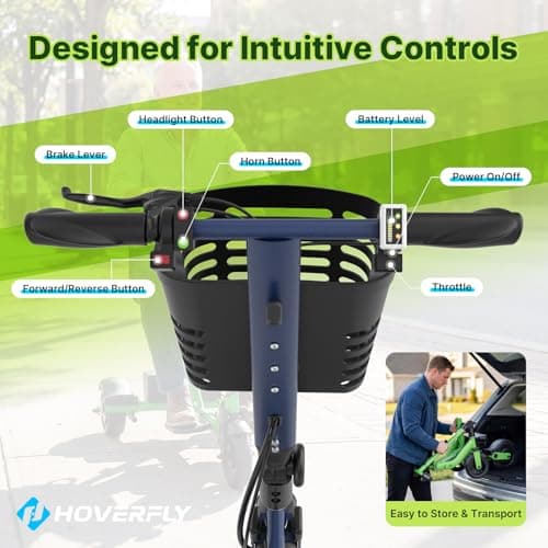 Hoverfly T3 Folding Powered Mobility Scooter for Seniors, Portable 3-Wheel E-Scooter with Seat, 13-Mile Range Safe LiFePO4 Battery, 264 lbs Load&Solid 8" Tires, Fits in Car Trunks for Daily Rides Blue 7