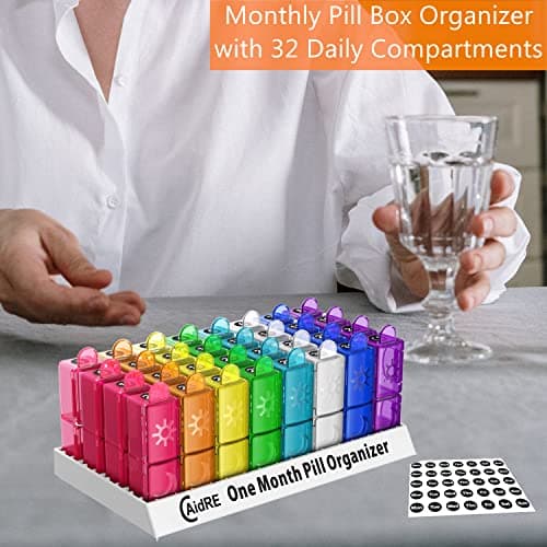 Monthly Pill Organizer, CAidRE 30 Day Pill Organizer 2 Times a Day, One Month Pill Box Organizer AM PM, Weekly Pill Holder for Fish Oil, Vitamins, Supplements 8