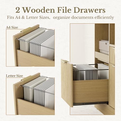 Perledesign 3 Drawer File Cabinet, Fluted Wood Lateral Filing Cabinet with Charging Station for Home Office, Fits for A4/Letter-Sized Files, Printer Stand with Open Storage Shelves, Light Walnut 6