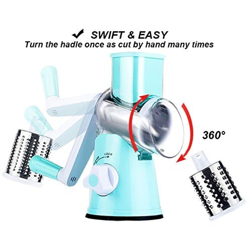 Cambom Rotary Cheese Grater Hand Crank Cheese Shredder for Fresh Cheese, Vegetable, Nuts,Non-slip Suction Base, Free Cleaning Brush Three Blades, Blue 8