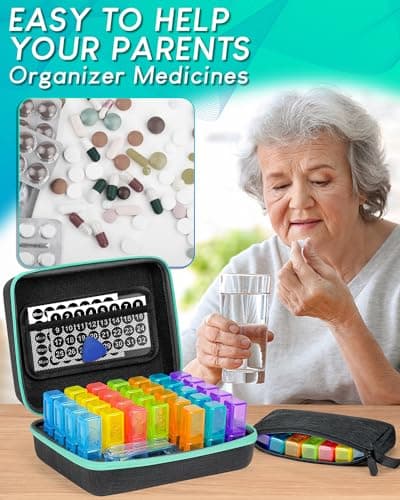 Monthly Pill Organizer 2 Times a Day, with Portable Hard Shell, Pill Cutter, 31-Day Box, Plastic Opening Pick, Monthly & Weekly Stickers, Convenient Medication Management (Black, 2 Times a Day) 6