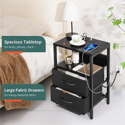 Yoobure Nightstand with Charging Station, LED Night Stand with Fabric Drawers and Storage Shelf for Bedroom, Nightstands Bedside Tables with USB Ports & Outlets, Small Night Stands, Bed Side Table 6