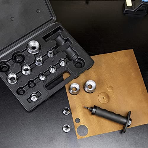 NEIKO 02604A Hole Punch Set | SAE & Metric, 3/16” – 1-3/8” & 5 – 35mm | 14 Piece Sharp Hollow Hole Punch Kit, Gasket Cutting Puncher, Foam Cutter, & Leather Hole Punches | 6” Interchangeable 6