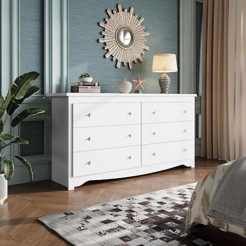 WLIVE White Dresser with 6 Drawer, 59“Wide Modern Chest of Drawers for Bedroom, Wood Large Storage Tower Unit, Closet Store Organizer for Living Room, Hallway 2