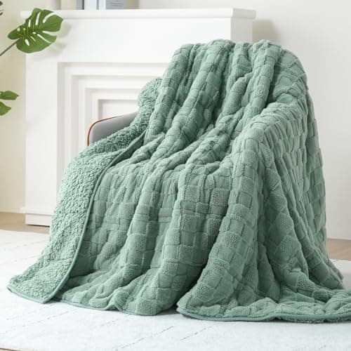 Kivik Weighted Blanket for Adult, 15 lbs Checkered Throw Blankets, Soft Dual Sided Heavy Fleece Checkerboard Blanket for Couch Sofa Bed, Queen Size 60 x 80 Inches, Sage Green