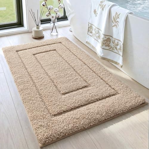 DEXI Bathroom Rug 24x16, Non Slip Washable Bath Mat for Shower Floor, Absorbent Soft Bathmat with Rubber Backing, Quick Dry Microfiber Carpet, Beige
