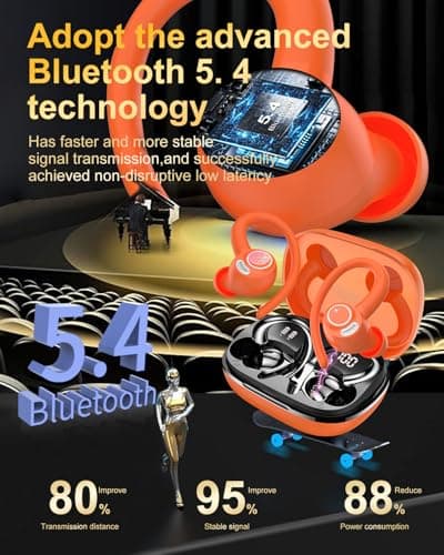 Wireless Earbuds, Bluetooth 5.4 Headphones Sport, Over Ear Buds With ENC Noise Cancelling Mic, 48H, Wireless Earphone With Earhooks, Stereo Deep Bass, IP7 Waterproof ear bud for Workout Running,Orange 3