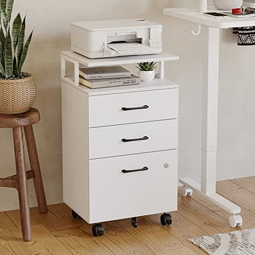 FEZIBO File Cabinet with Lock for Home Office, 3-Drawer Rolling Filing Cabinet, Home Office File Cabinet for A4/Letter/Legal Size, Printer Stand, Wooden Storage Cabinet, White 7