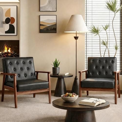 STHOUYN Black Leather Accent Chairs Set of 2, Waiting Room Chairs with Wood Arms, Office Guest Arm Chair, Mid Century Modern Living Room Chair (2, Black)