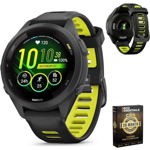 Garmin 010-02810-03 Forerunner 265S GPS Smartwatch Black/Amp Yellow Bundle with Deco Essentials Exclusive 26 Month CPS Enhanced Protection Pack