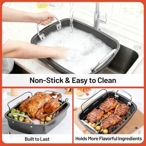 24lb Carbon Steel Nonstick Roasting Pan with Rack - BPA Free, Leak-Proof, 450°F Heat Resistant (17x13x4in) | Oil-Draining, Dishwasher Safe for Thanksgiving Christmas Turkey 6