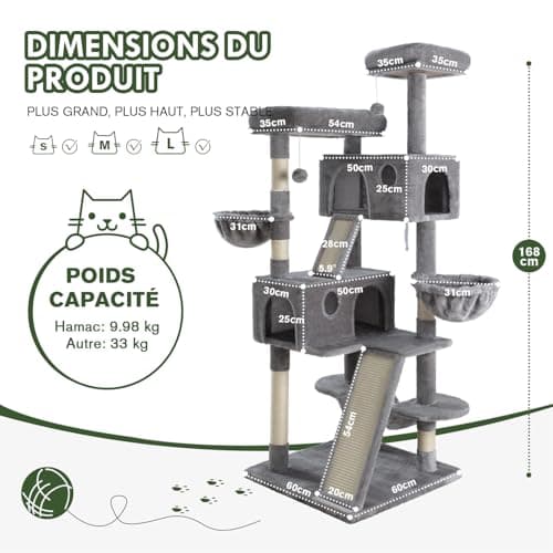 MUTICOR 66 Inches Multi-Level Large Cat Tree Tower for Indoor Big Feline/Cozy Plush Perches/Condo/Sisal Scratching Posts/Hammock and Baskets/Activity Center Play House/Wide Base/Grey 7