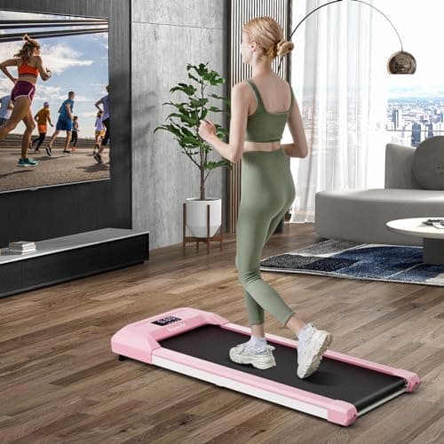 GYMAX Walking Pad, 2.25HP Under Desk Treadmill with LED Display, Remote Control & 7-Layer Belt, Compact Portable Jogging Running Machine for Home Office Small Space (Pink) 8