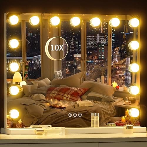 NUSVAN Vanity Mirror with Lights Lighted Makeup Mirror with 15 Dimmable LED Bulbs,3 Color Lighting Modes,USB Charging Port Touch Control,Sturdy Metal Frame Design,White 9