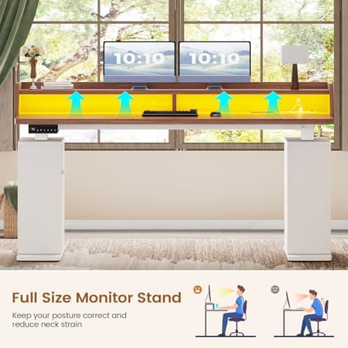 SEDETA Standing Desk with Storage, 55" Fluted Stand Up Desk with Power Outlets & LED Lights, Height Adjustable Table with Monitor Shelf for Home Office, Gaming, Brown + White 7