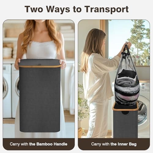 100L Laundry Hamper with Lid, Large Laundry Basket with Bamboo Handles, Clothes Hampers for Laundry with Removable Bag, Dirty Clothes Hampers for Bedroom Aesthetic, Dark Grey 3
