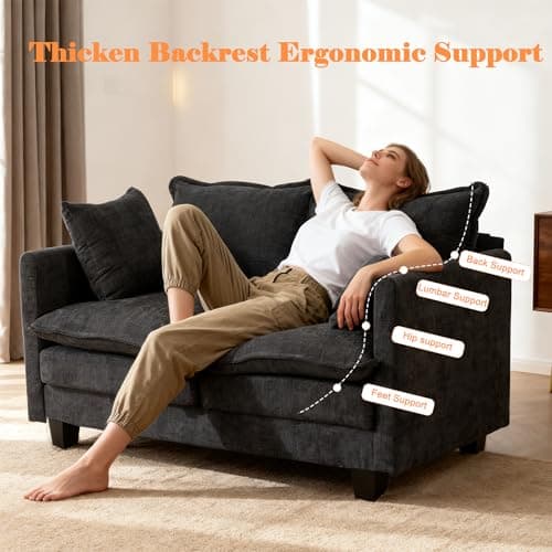 MUDANT Loveseat Sofa Cloud Sofa Couch 50'', Modern Loveseats 2 Seat Couch 27" Deep Seat with 2 Pillows for Small Spaces Apartment Studio Office Bedroom Living Room 8834-BLACK 6