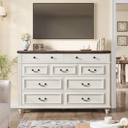 Jocoevol 9 Drawer Dresser for Bedroom, 54" Wide Bedroom Dressers with Drawers, Dresser Farmhouse with Natural Texture, Vintage Design Wide Dressers for Living Room, Entryway, White 8