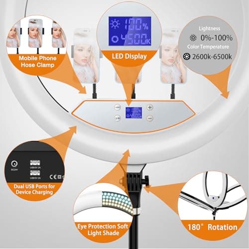 22"Ring Light with Stand,Ring Light Tripod for iPhone ipad,with 75"Tripod/LCD Display/4 ipad iPhone Clips/2 USB Ports,2600K-6500K Color Temperature,for Barber Makeup Tattoo TikTok Video Recording Vlog 5