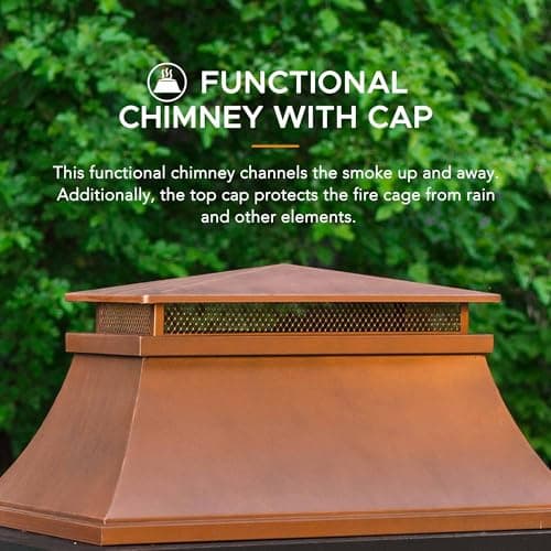 Sunjoy Outdoor Fireplace, Patio Wood Burning Fireplace with Steel Chimney, Mesh Spark Screen Doors, Fire Poker, and Removable Grate, Copper and Black 8