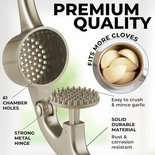 Zulay Kitchen Large Premium Garlic Press Set - Bigger Bowl for Bigger Garlic - Rust Proof Garlic Mincer Tool - Easy-Squeeze, Easy-Clean Silicone Garlic Peeler & Brush (Silver) 7