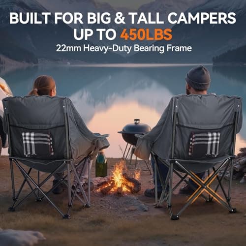 Huskfirm 2 Pack Camping Chairs Oversized Padded Camping Chair Heavy-Duty Foldable Camping Chairs with Cup Holder and Cooler Bag Portable Lawn Chair for Sports Outdoors-Support 450LBS, Grey 5